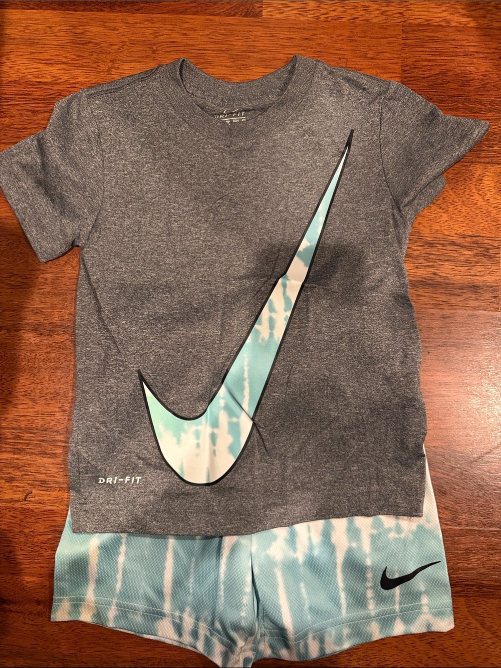 Nike Gray Tee with Aqua Tie-Dye Swoosh and Aqua Shorts